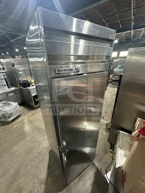 Beverage Air stainless steel single-door commercial refrigerator, electric-powered, on legs, in good condition.
