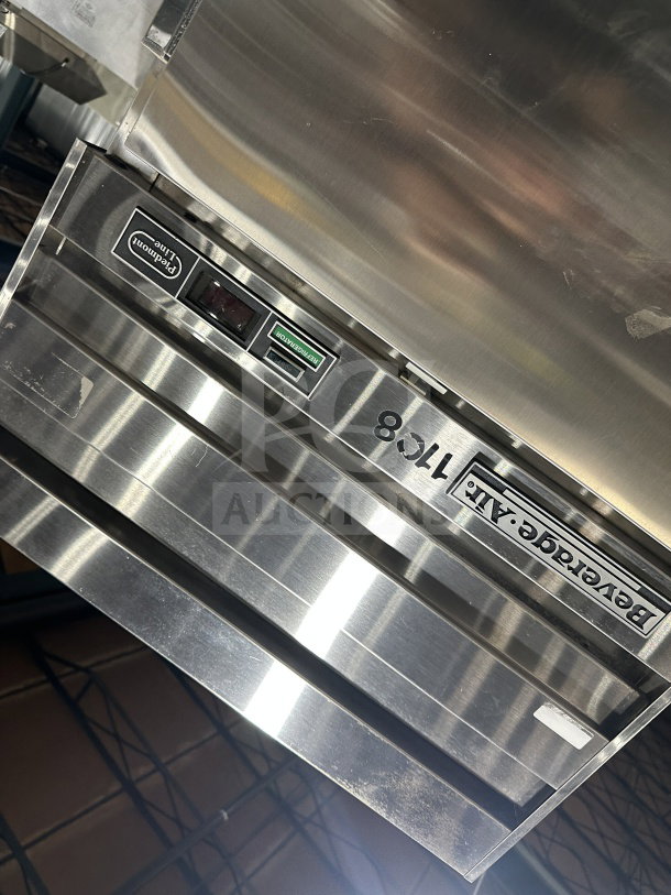 Beverage Air stainless steel single-door refrigerator, electric-powered, commercial-grade, premium line, on legs.