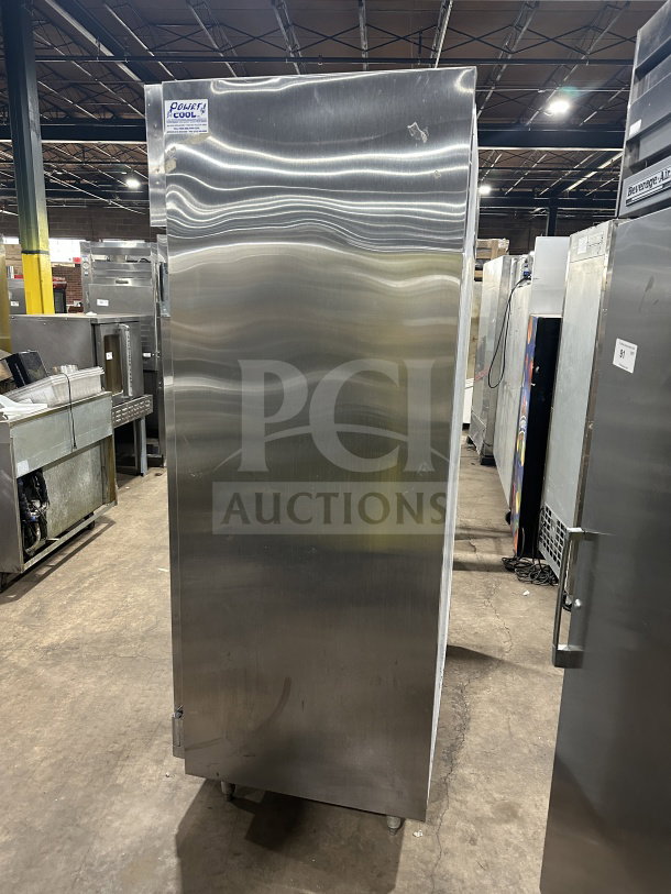 Beverage Air commercial stainless steel 2-door reach-in refrigerator, with poly-coated wire racks, on legs. Visible door handle.