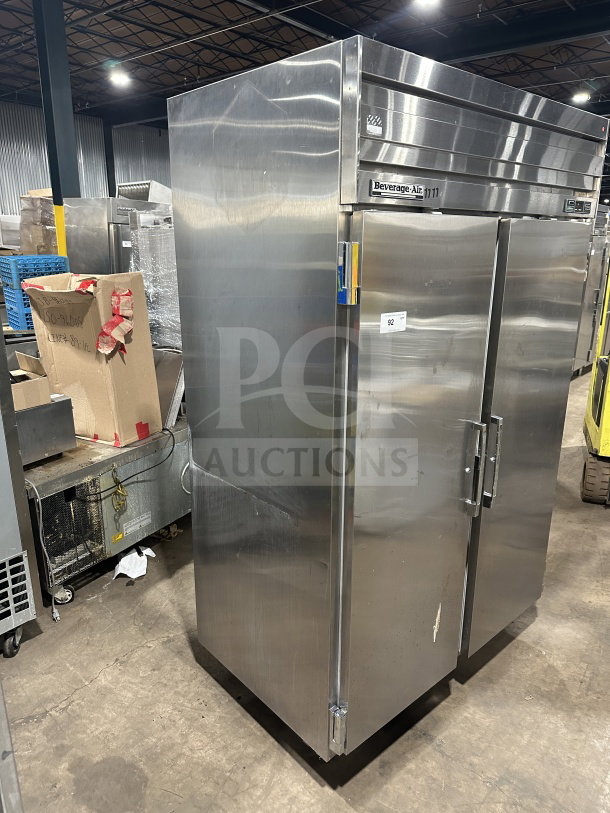 Beverage Air commercial stainless steel 2-door reach-in refrigerator with poly-coated wire racks, on legs, in used condition.