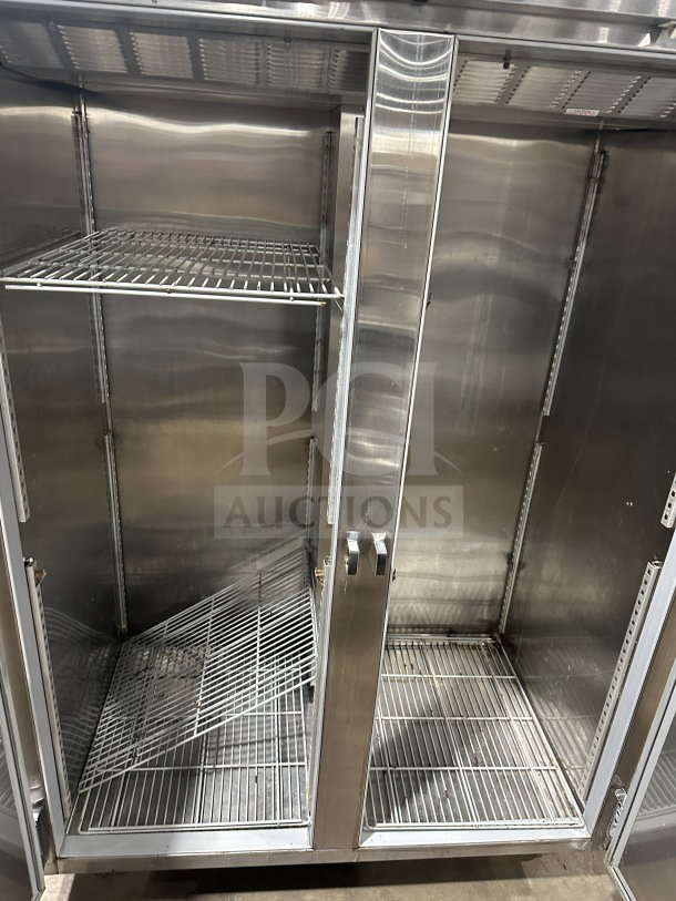 Beverage Air stainless steel 2-door reach-in refrigerator with poly-coated wire racks, on legs, shown open, clean interior.