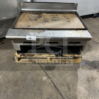 American Range stainless steel natural gas countertop flat griddle with back and side splash, used condition, item tag 96.