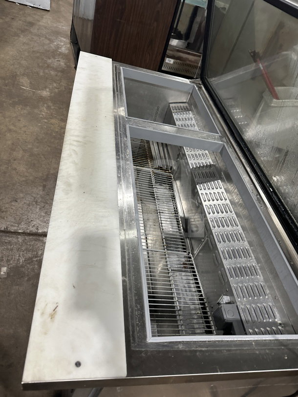 Continental SW72-30M stainless steel 3-door refrigerated prep table with glass lid, on casters, 115V 1 Phase, SN: 15580567.