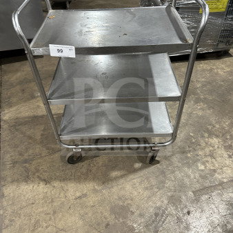 Commercial stainless steel 3-shelf utility cart on wheels, good condition, sturdy metal frame, labeled as "99."