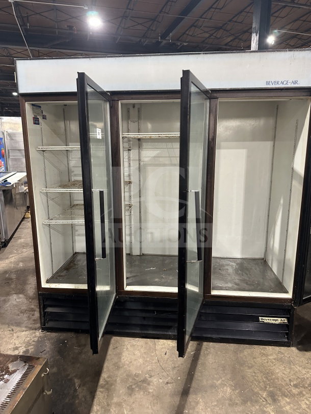 Beverage Air MT72 commercial 3-glass-door reach-in merchandiser refrigerator/freezer with poly-coated wired rack, 115V, 1-phase.