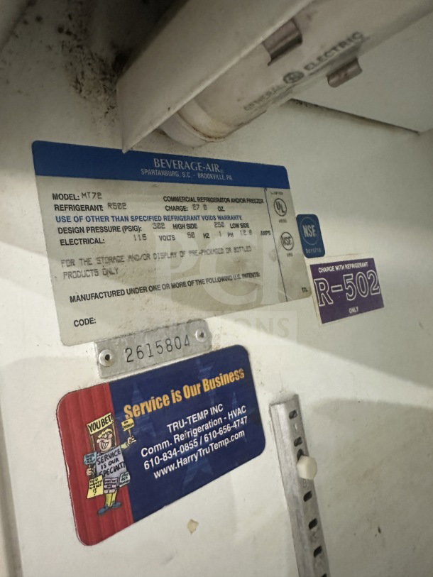 Beverage Air Model MT72 commercial refrigerator label, shows specs like refrigerant R502, 115V, serial number 2615804.