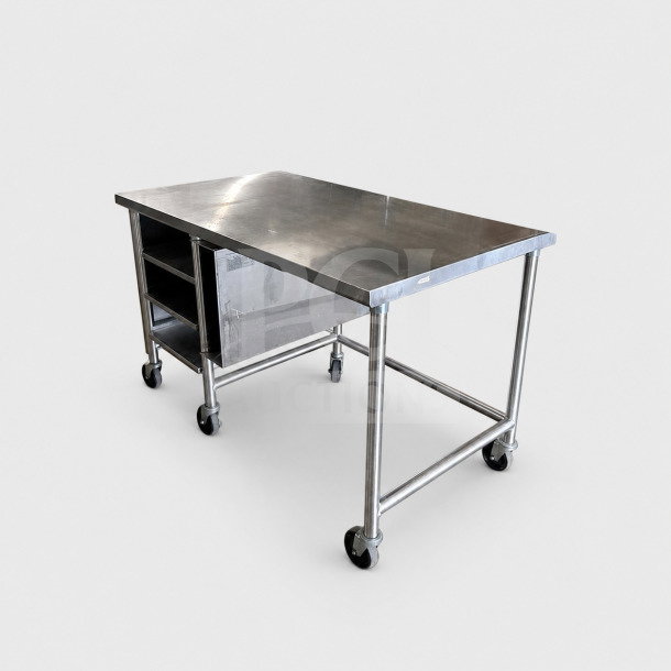 Stainless steel commercial work table with multi-tier overshelf, 60" x 36", mobile on wheels, inspected, ready for use.