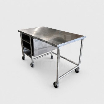 Stainless steel commercial work table with multi-tier overshelf, 60" x 36", mobile on wheels, inspected, ready for use.