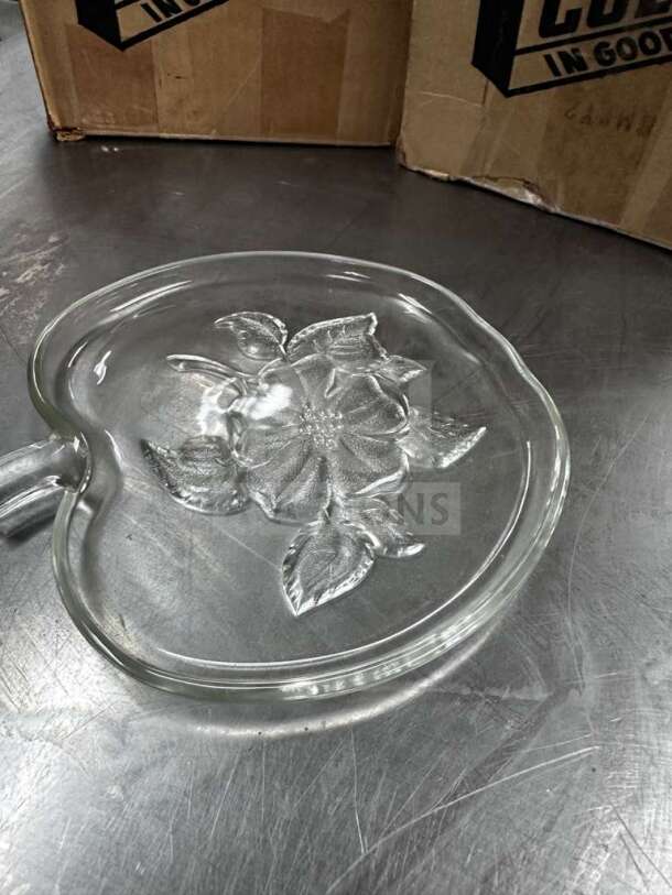 Crisp Crystal Apple-Shaped Glass Salad Plate with floral design, immaculate condition, 16 plates total, model IBM 1723.