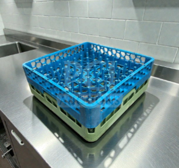 Blue and green commercial dishwasher peg rack in excellent condition, ready for use. Suitable for full-size dishwashing.