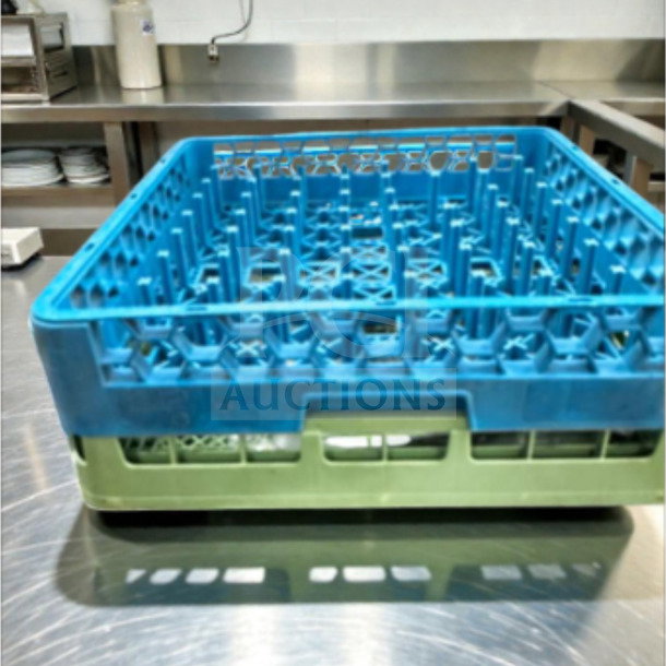 Commercial dishwasher peg rack set in excellent condition, blue/green, full-size, model DSH-S-PEG-1103, ready for use.