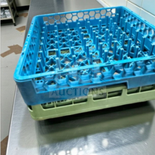 Blue and green commercial dishwasher peg rack set in excellent condition, full-size, model DSH-S-PEG-1103. Ready for use.