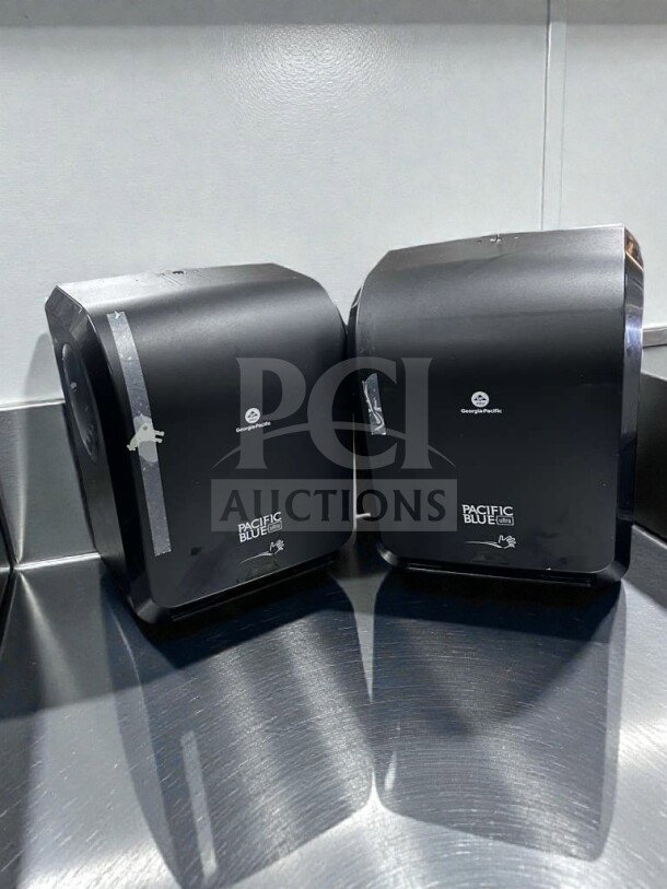 Two like-new Pacific Blue Ultra 59590 automated touchless paper towel dispensers by GP PRO, black, new open box.