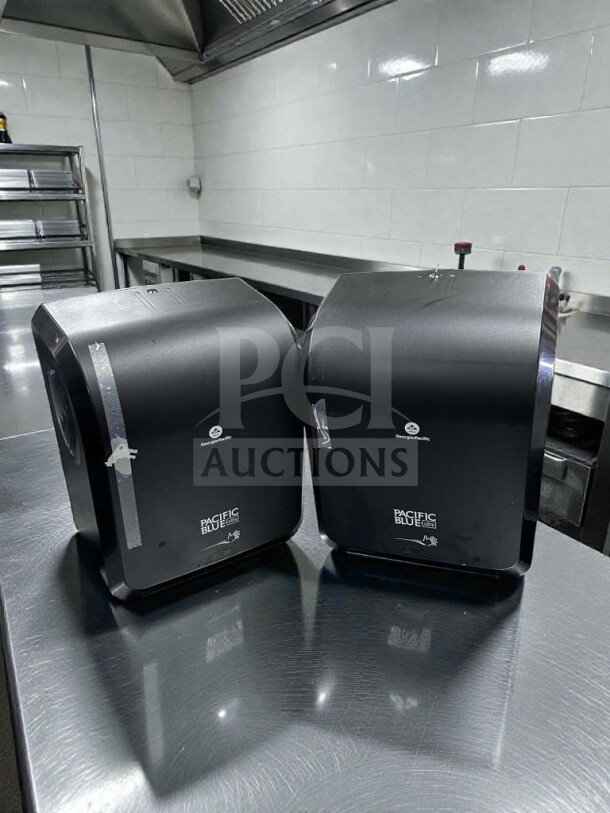 Two like-new GP PRO Pacific Blue Ultra 59590 touchless paper towel dispensers in black, new open box, ready for use.