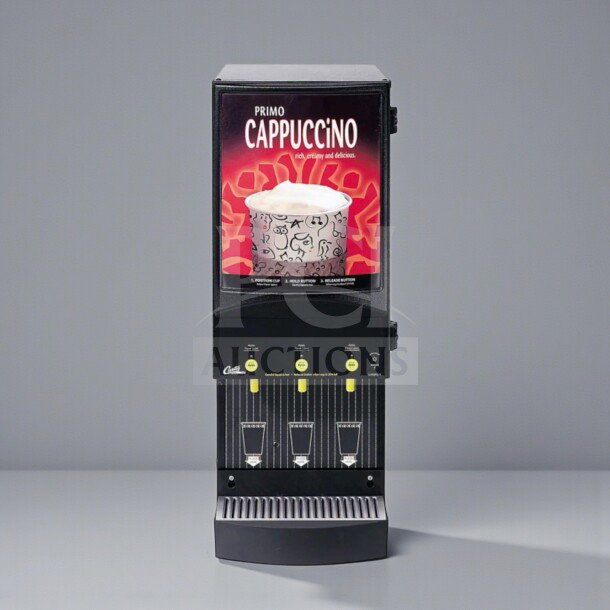 Wilbur Curtis PC-3D-10-01 cappuccino dispenser, 3 flavors, 120V, exceptional condition, fully tested, Primo branding visible.