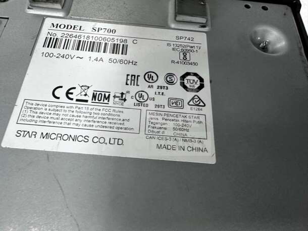 Star Micronics SP700/SP742 printer label showing model, voltage, and compliance marks; Made in China.