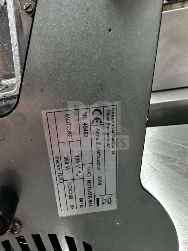 Obel Mito ATR 64 Performance E commercial coffee grinder label, showing model and electrical specifications.