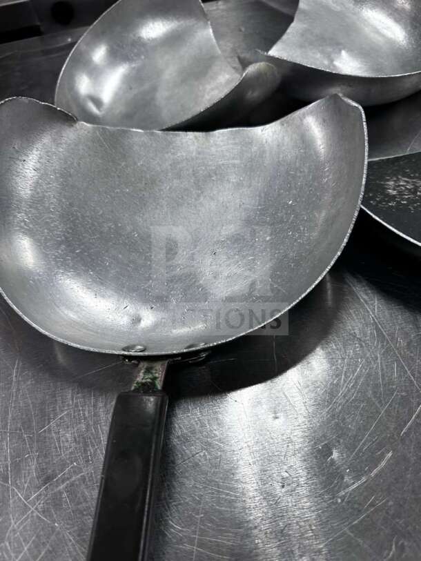 Oster nonstick wok/stir-fry pan set, quantity 4, well-maintained, inspected, black handles, commercial cookware.