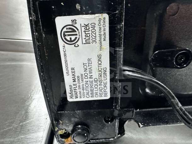 Yabano SW-290B waffle maker label showing model, 120V, 1200W, ETL listed, and safety instructions.