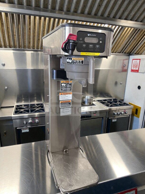 Bunn-O-Matic ITCB-DV commercial coffee brewer, high-grade, 29", digital control, UL listed, fully tested, with warning labels.