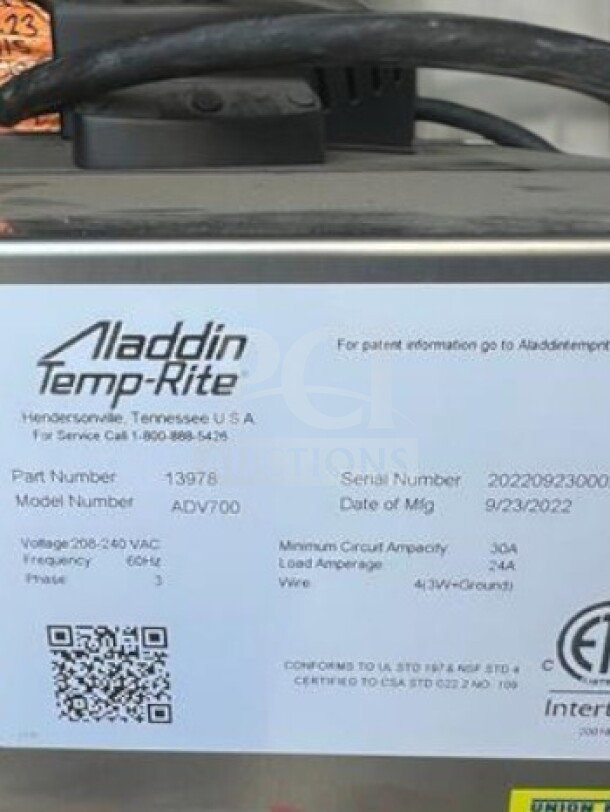 Aladdin ADV700 commercial food heating system, premium condition, 208/240V, labeled with model and serial details. Fully tested.