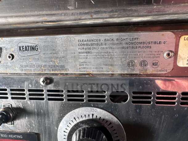 Keating Miraclean® 36" gas griddle with control panel, UL & NSF listed, model and safety labels visible, fully operational.