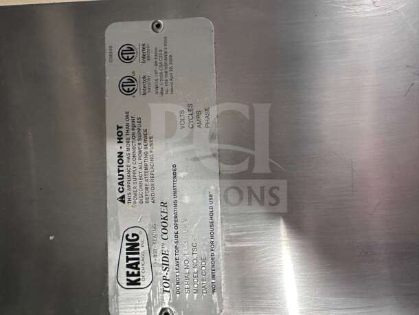 Keating Miraclean 36" griddle label showing UL & NSF certifications, caution details, and operational specifications.