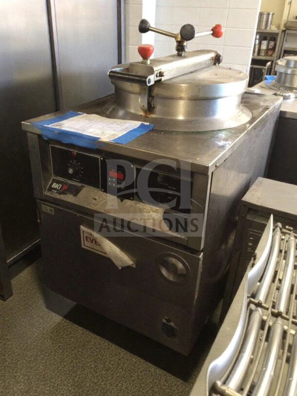 BKI Commercial Pressure Fryer, stainless steel, floor model, tested, working, model BKI-L-PFR-0278, premium condition.