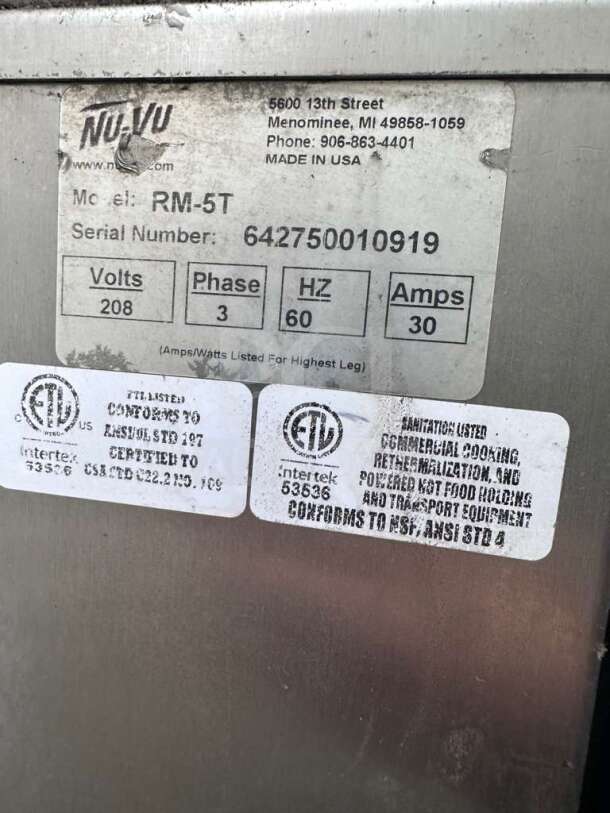 Nu-Vu RM-5T rethermalization oven label, 208V/3 Phase, ETL & NSF listed. Serial: 642750010919, made in USA, premium condition.