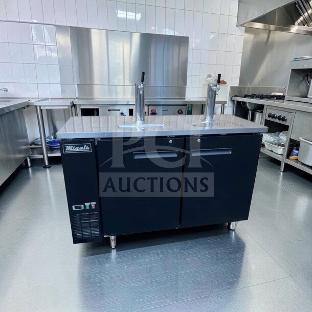 Migali C-DD60-2-HC kegerator, dual tap, 60", 2 keg capacity, top-tier condition, labels visible, 115V.
