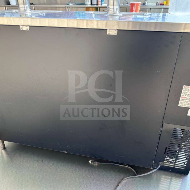 Migali C-DD60-2-HC kegerator, dual tap, 2 keg capacity, stainless steel top, visible cooling vents, top-tier condition.