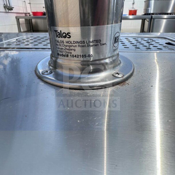 Migali C-DD60-2-HC kegerator with dual tap columns, stainless steel surface, Talos Holdings label, model 1042105-00.