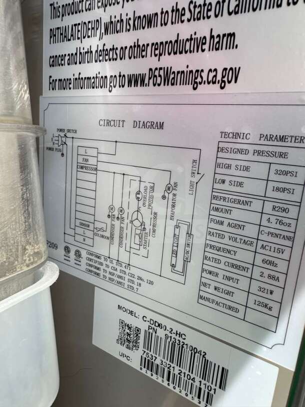 Migali C-DD60-2-HC kegerator circuit diagram and technical specifications label, showcasing voltage, refrigerant, and model details.