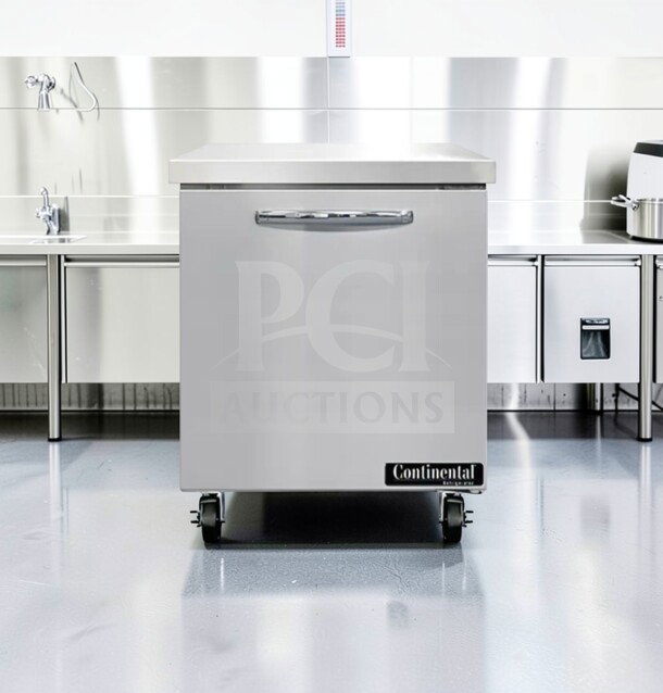 Continental Undercounter Refrigerator, 1 door, stainless steel, excellent condition, model CON-L-REF-0779, fully tested.