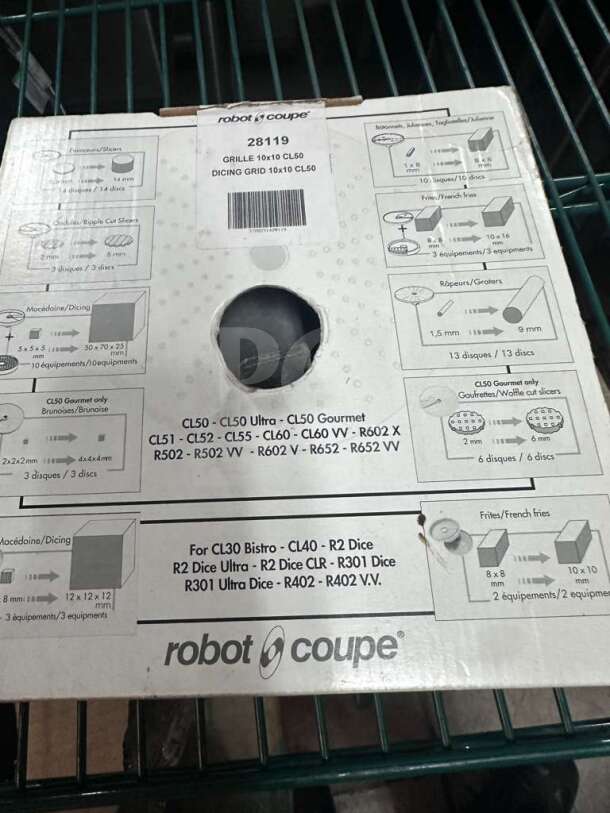 Brand new Robot Coupe 28119, 10x10 mm dicing grid for commercial food processor, model CL50. Box with product details visible.