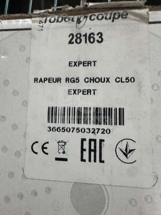 Brand new Robot Coupe 28163 RG5 grating disc, commercial food processor attachment, model ROB-S-DISC-0701, with label markings and barcodes.