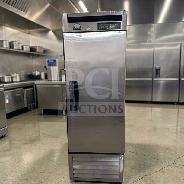 Blue Air BSR23-HC stainless steel reach-in refrigerator, 26" single section, 23 Cu. Ft., commercial grade, bottom mount, excellent condition.