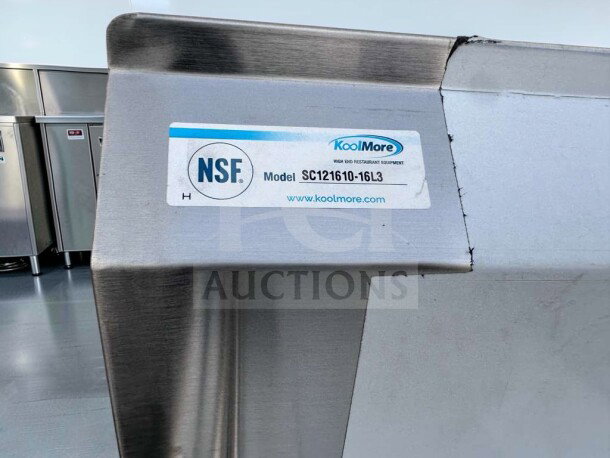 Brand new KoolMore SC121610-16L3 stainless steel 3 compartment sink with left drainboard. NSF certified, model label shown.