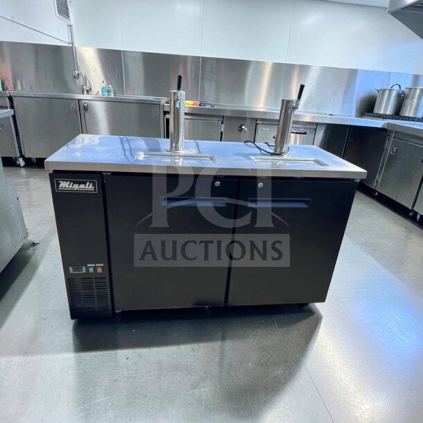 Migali C-DD60-2-HC kegerator in outstanding condition, 60" width, two-door design, black finish, commercial beer dispenser.