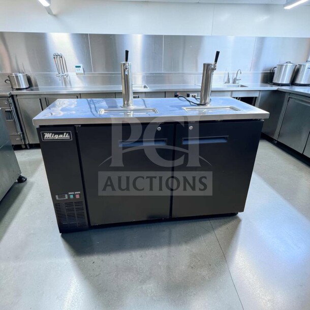 Migali C-DD60-2-HC 60" 2-door kegerator in outstanding condition, features dual taps, Migali branding, fully operational.