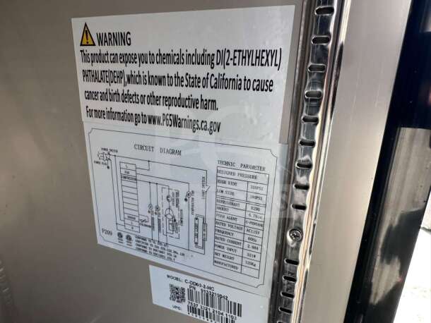 Migali C-DD60-2-HC beer dispenser, commercial kegerator, 60", 2-door, warning label and circuit diagram visible.