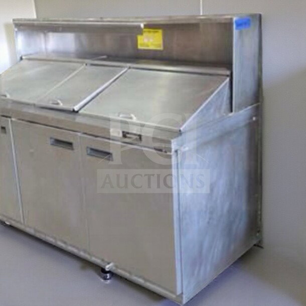 Commercial stainless steel refrigerated sandwich prep table with 3 doors, fully tested and operational, model PREP-L-TBL-0996.