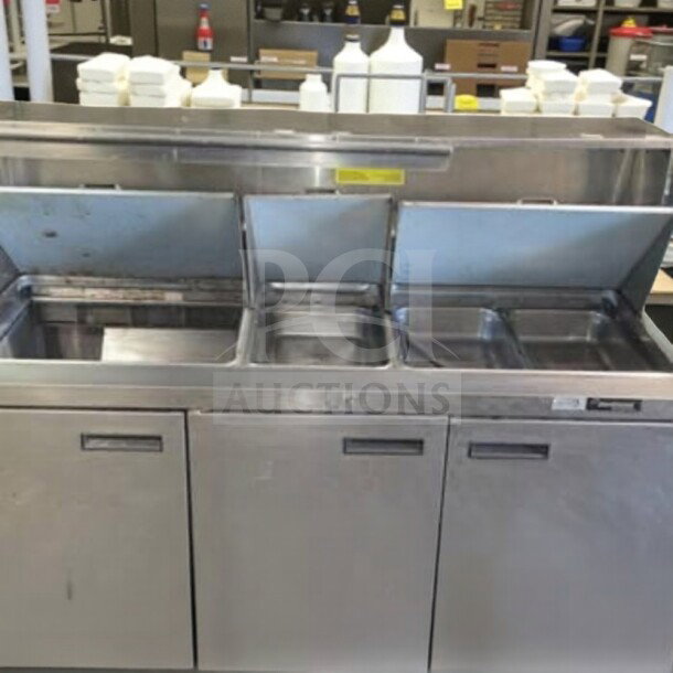 Commercial stainless steel refrigerated sandwich prep table with three doors, prime condition, fully tested, model PREP-L-TBL-0996.