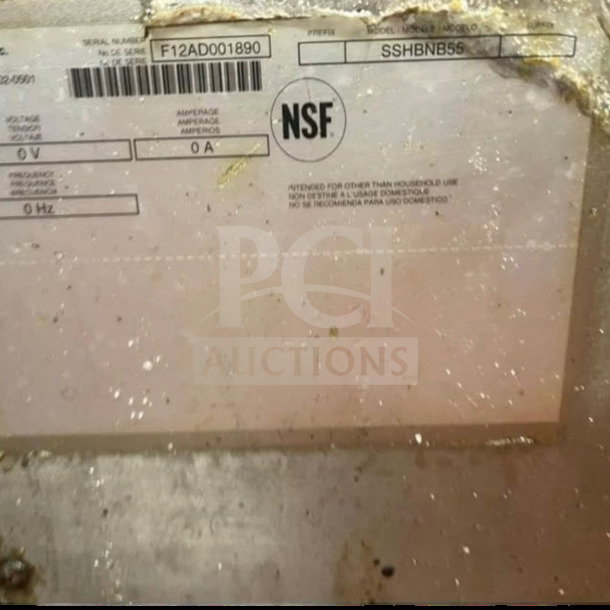 NSF label on Pitco SSH55 gas fryer, serial F12AD001890. Indicates commercial use. Clean, fully operational condition.