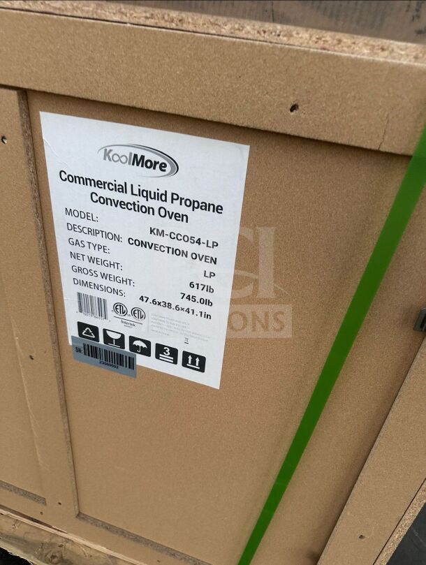 Brand new KoolMore KM-CCO54-LP commercial convection oven, liquid propane, double deck, pristine condition, model label visible.