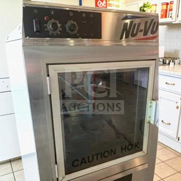 Nu-Vu UB-E5-5 commercial electric convection oven, 208V/3 Phase, ETL listed, stainless steel, glass door with "Caution Hot" label.