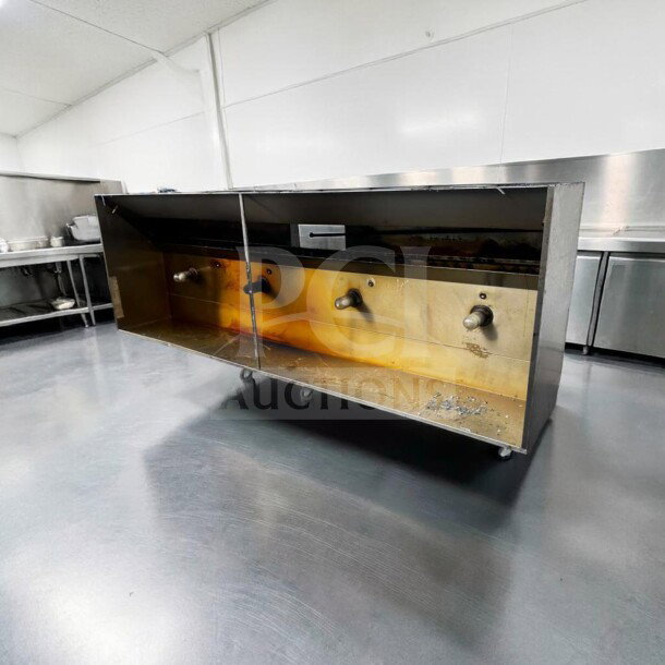 Commercial stainless steel exhaust hood, wall mount, high-grade condition, model HOOD-L-SS-0939, ready for installation.