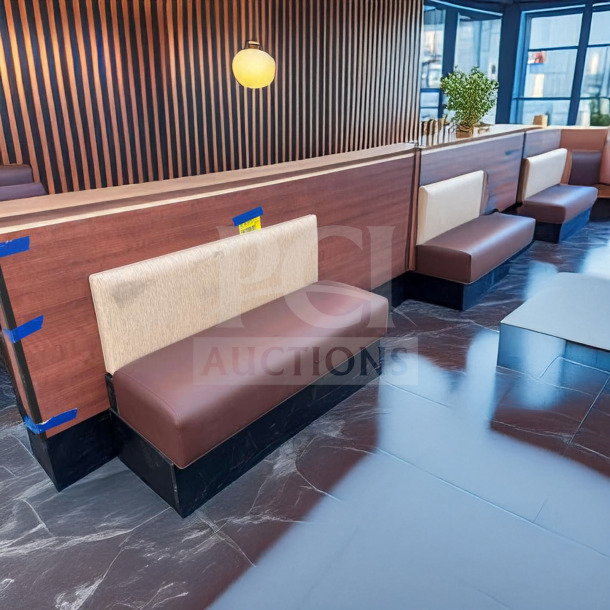 Immaculate commercial restaurant booth seating bench, upholstered with wood back panel, pristine condition, 3 available.