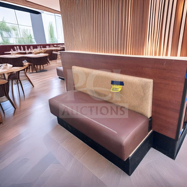 Commercial restaurant booth seating bench with wood back panel and brown upholstery in immaculate condition, label attached.