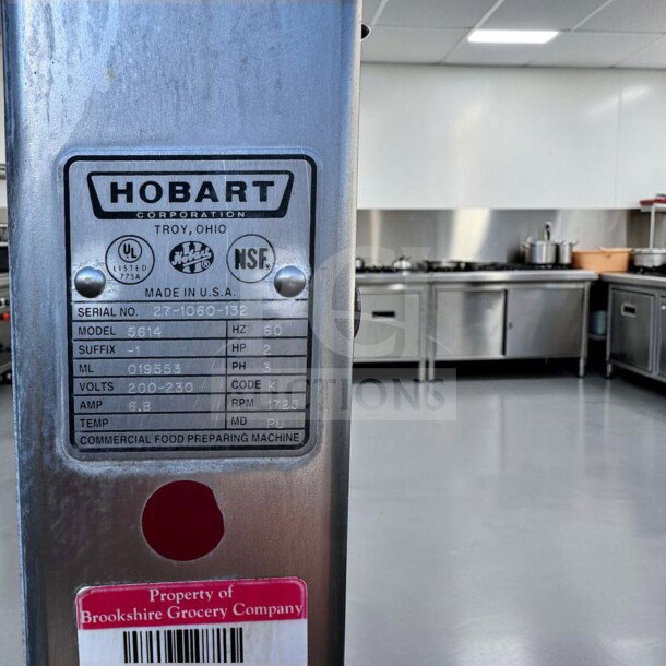 Hobart 5614 commercial meat saw label, model, serial number, 2 HP, 3 phase, heavy duty, for parts or repair, Brookshire Grocery property tag.